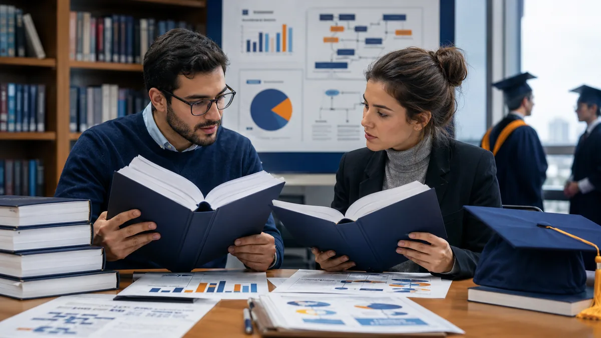 Postgraduate students comparing dissertation and thesis projects